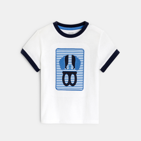 تيشيرت برقعة كلب بيضاء مطرزة للأولاد الصغار